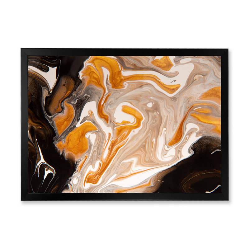 Orange et vagues de marbre noir I - peinture sur toile, H 24 po x l 32 po x P 1 po, Cadre noir