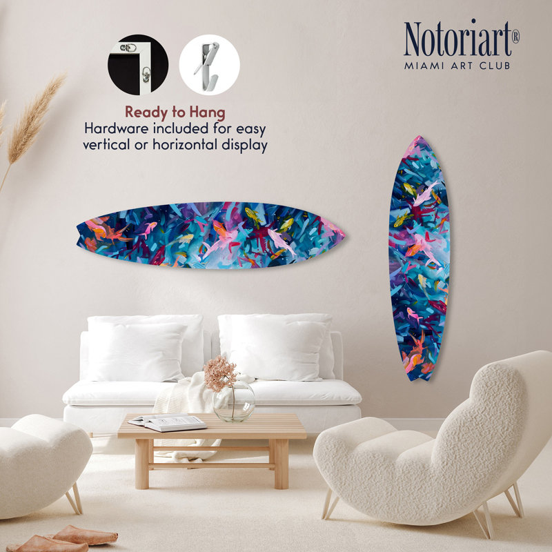 Art mural côtier en acrylique coloré avec planche de surf coloré par Notoriart