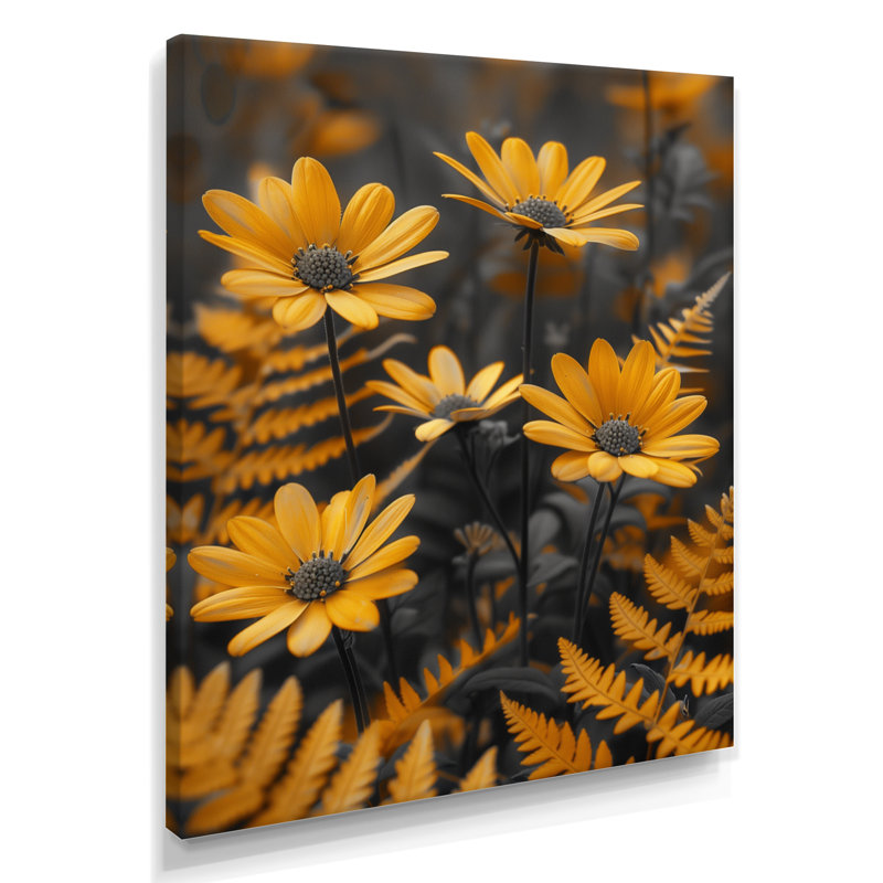 Monochromes jaunes et gris, fougères, beauté I - marguerite, impression d'art mural, Toile tendue, 32" H x 24" W