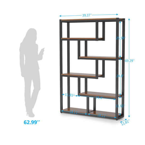 Tribesigns Brown Metal 12-Shelf Ladder Bookcase (39.37-in W x 70.86-in H x 11.81-in D) | HOGA-K0055