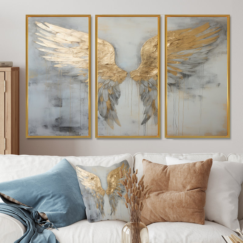 Dicha - Ailes d'ange, ensemble de décorations murales, Cadre flottant doré, H 32 po x l 48 po x P 1 po