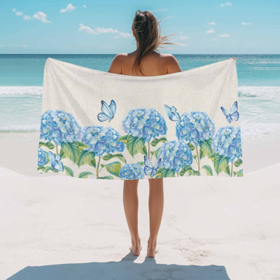 Beach Towel Hydrangea Flower Bath Pool Towels Summer Blue Butterfly Linen Absorbent Beach Towel Soft Large Quick Dry Lightweight Camping Travel Sports Yoga Gym Swim Towels for Adult 50x60 Inch