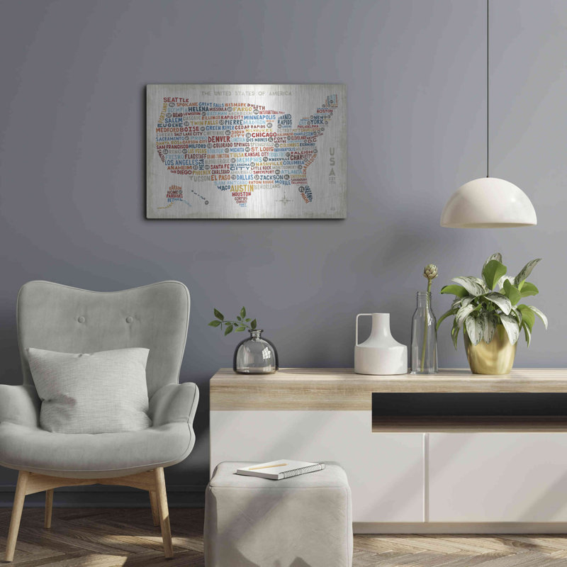 «US City Map» par Michael Mullan, art mural en métal, H 16 po x l 24 po