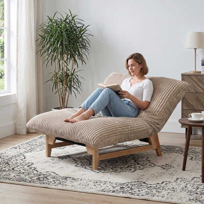 Fauteuil relax sans accoudoirs de 110 cm (43,4 po) avec structure en bois d'hévéa, canapé une place en velours côtelé pour salon ou chambre, disponible en kaki et vert.