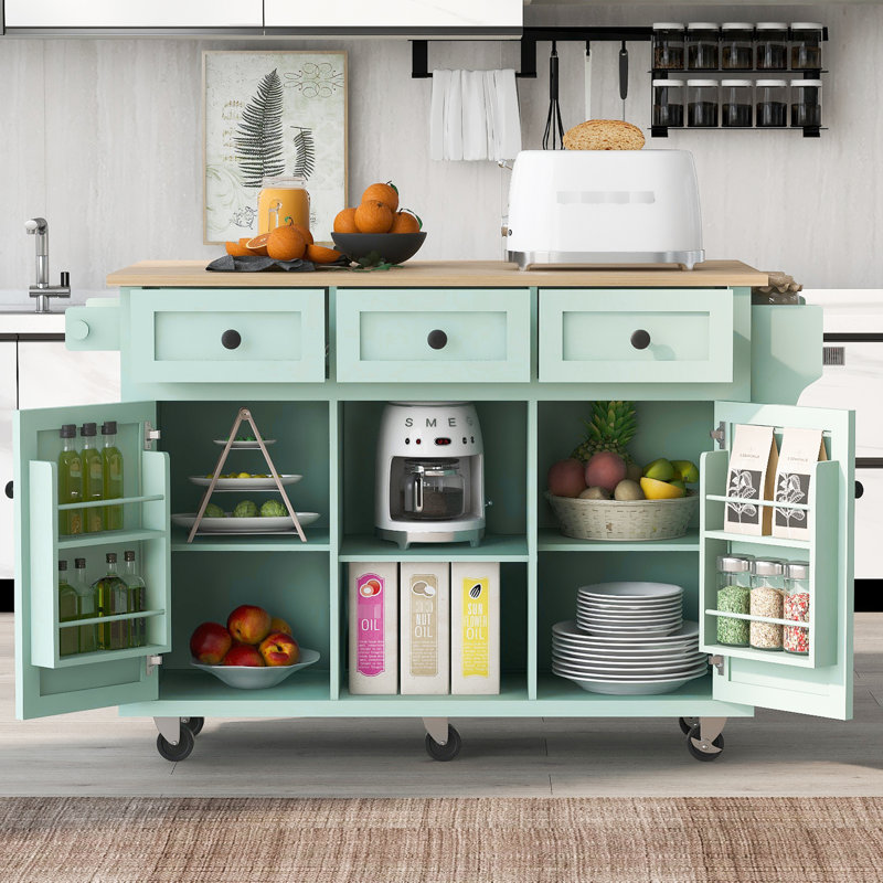 Drop Kitchen Cart With Cabinet Storage , Mint Featuring Countertop And Internal 5 Wheels Brakes, 3 Drawers Adjustable Shelves