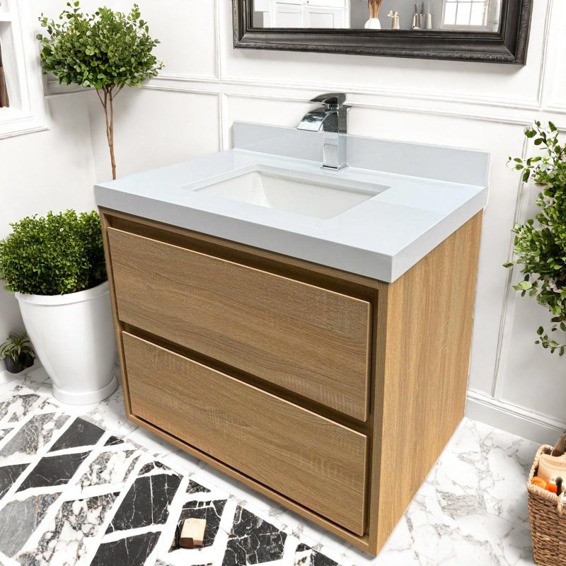 Meuble-lavabo en bois naturel avec lavabo en céramique, décor de salle de bain moderne