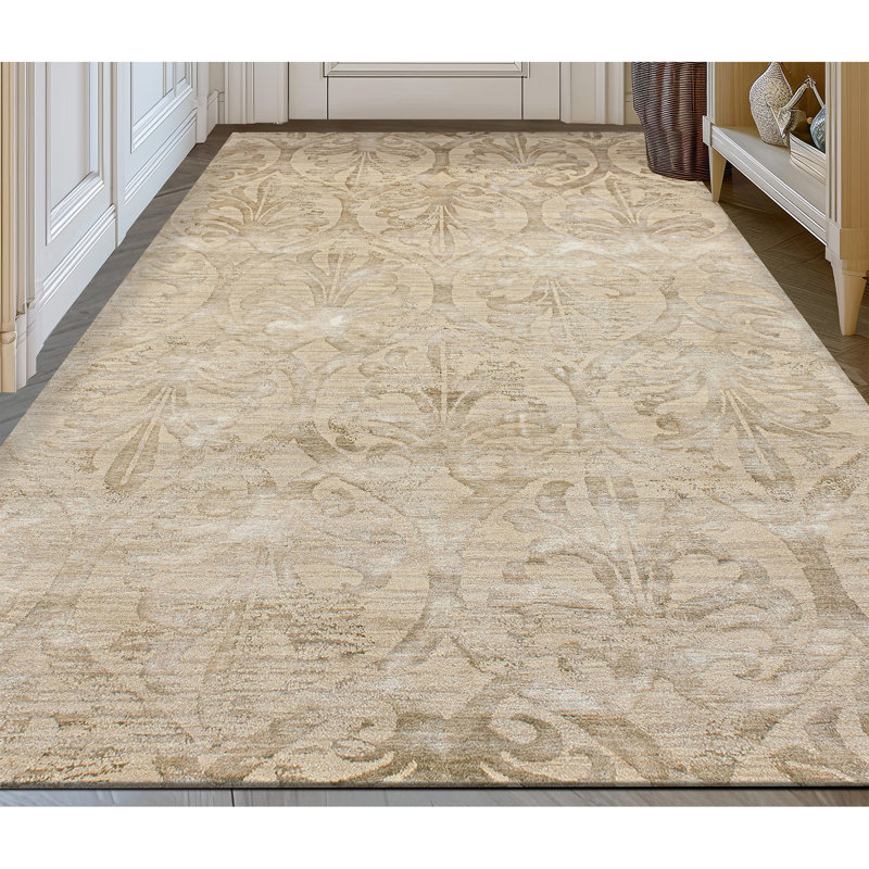 Hand Knotted Damask Area Rug in Green/Amber, Rectangle 8' x 10'