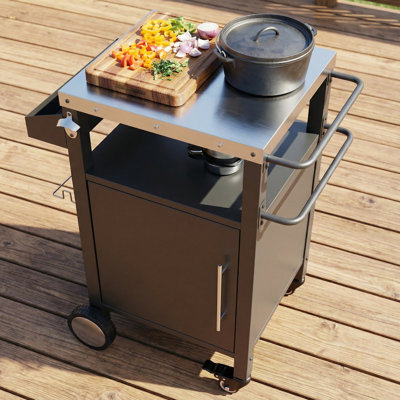 Chariot de barbecue extérieur avec mobilier de terrasse, chariot à roulettes avec crochets et support à assaisonnement, noir et argent pour ranger les accessoires de barbecue