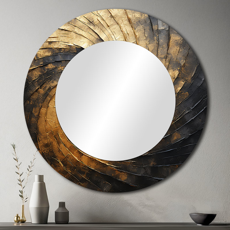 Samith Gold Black Spiral Poteries I - Abstract Spirals Large Mirror, Gold Round Unique Wall Mirror Decor, Printed Metal Art