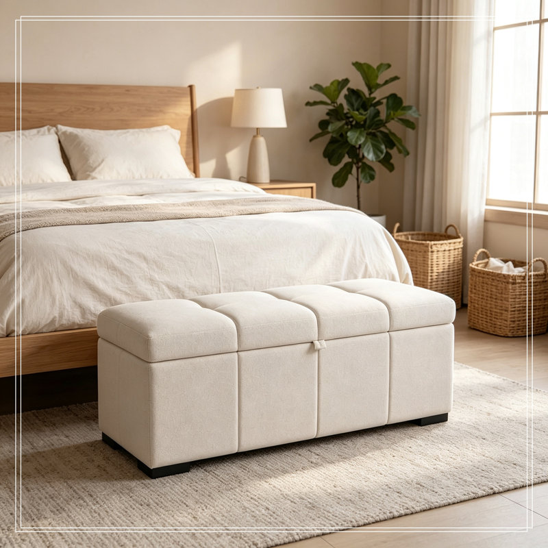 Banc rembourré avec rangement rabattable et siège capitonné, Beige