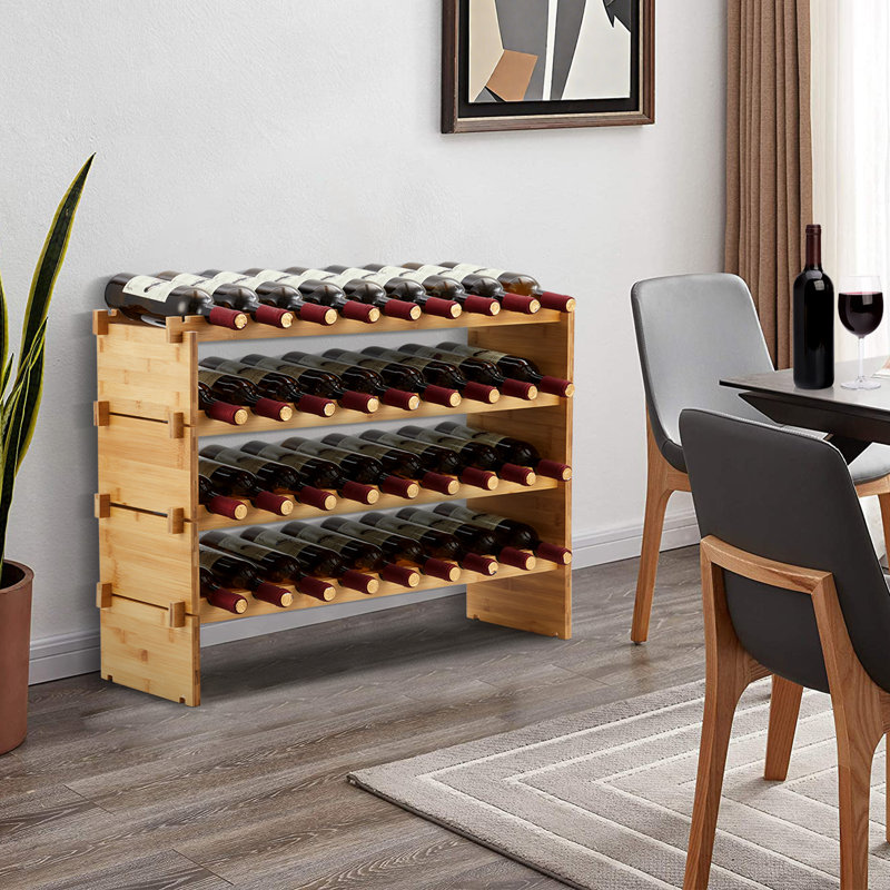 4 casiers à vin modulaires empilables à 4 niveaux, 36 bouteilles en bois, porte-bouteilles en bois massif, support de rangement pour bouteilles de vin en bambou massif, sans oscillation, aucun outil requis
