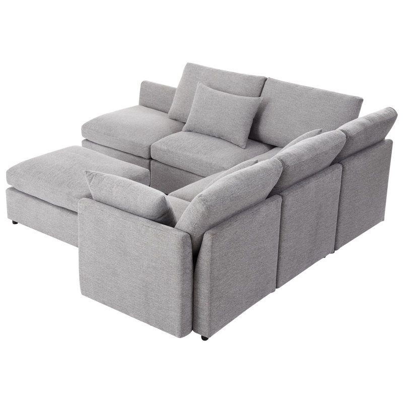 Kaori 86.6" Chenille Upholstered Sectional Sofa with Movable Ottoman & USB Ports, Light Gray