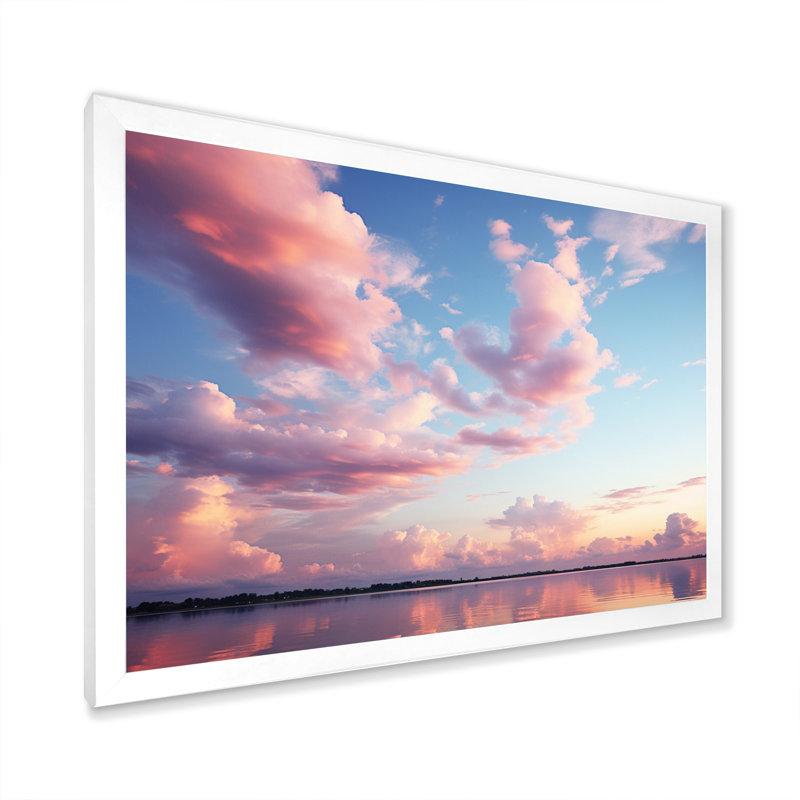 Ciel rose, sérénité céleste sur toile, Cadre simple blanc, H 34 po x l 44 po x P 1,5 po