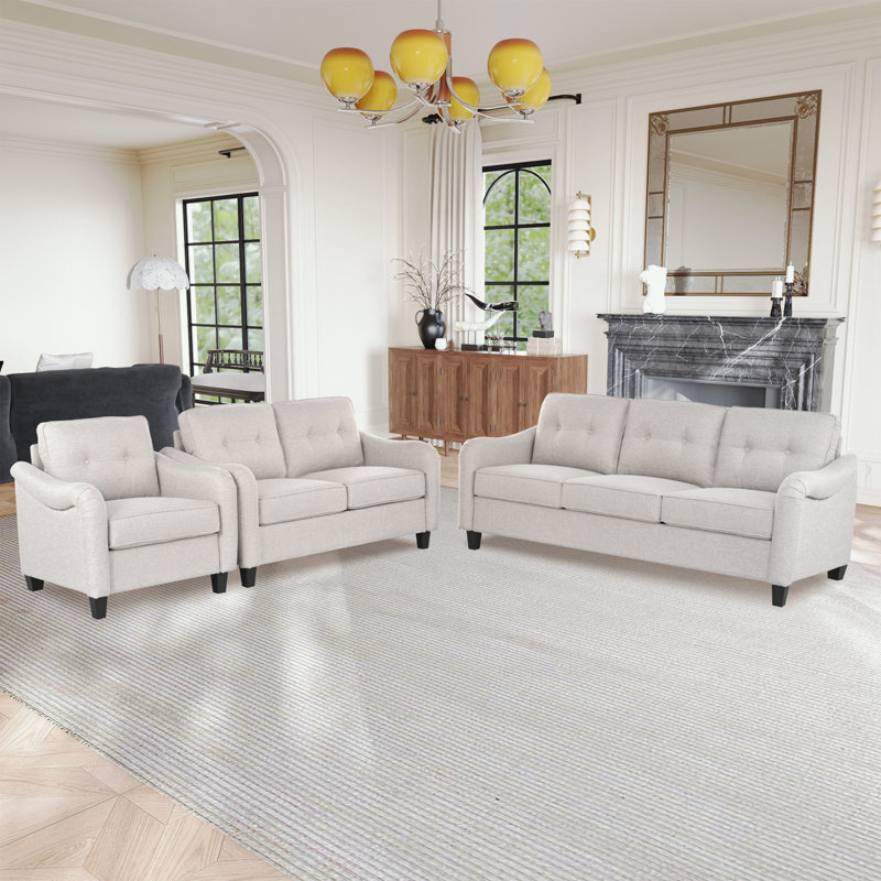 Canapé 3 pièces rembourré avec dossier capitonné, Beige