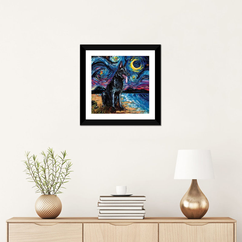 «Black German Shepherd Night» par Aja Treves - reproduction d'art, H 16 po x l 16 po x p 1 po, Papier encadré noir, Blanc