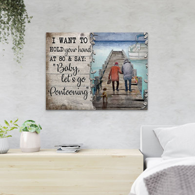 «Old Couple With Dogs Go Pontooning - Baby, Let's Go Pontooning», reproduction d'art graphique sur toile tendue 1 pièce