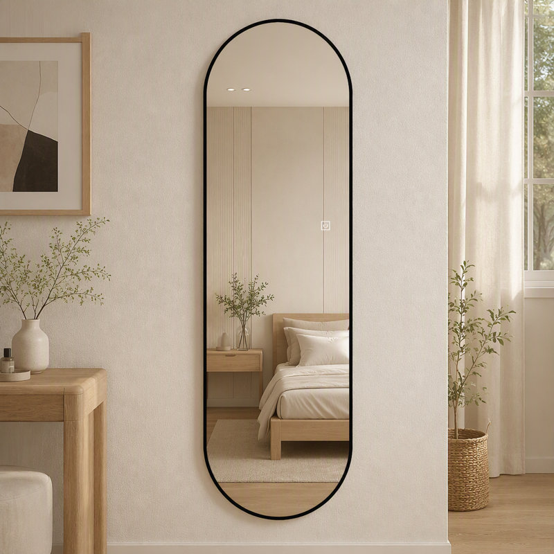 Miroir mural pleine longueur à DEL dimmable en forme de capsule de 65 po x 18 po avec cadre noir