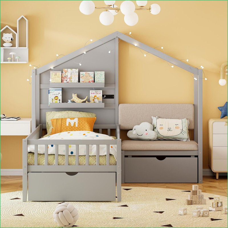 Lit simple en bois composite avec canapé, station de charge et amp; Rangement, gris, Gris