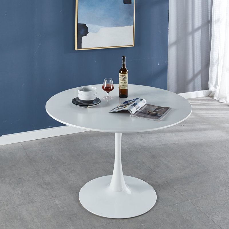 42" Tulip Round Dining Table With Metal Base,White, White