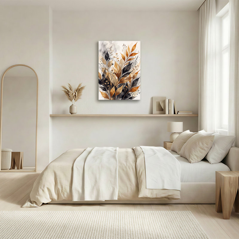 Toile abstraite, feuilles dorées et noires avec petites fleurs, H 18 po x l 12 po