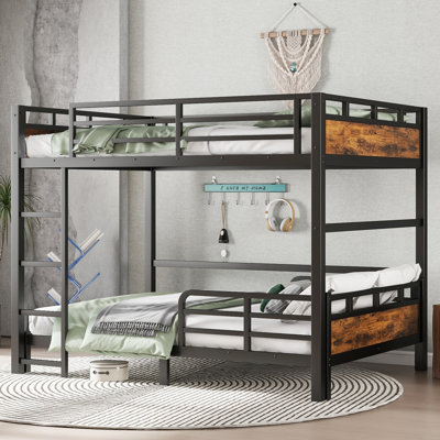 Lit superposé double TG sur lit double TG avec garde-corps surélevé - lit mezzanine en métal et lit plateforme, finition bois rétro