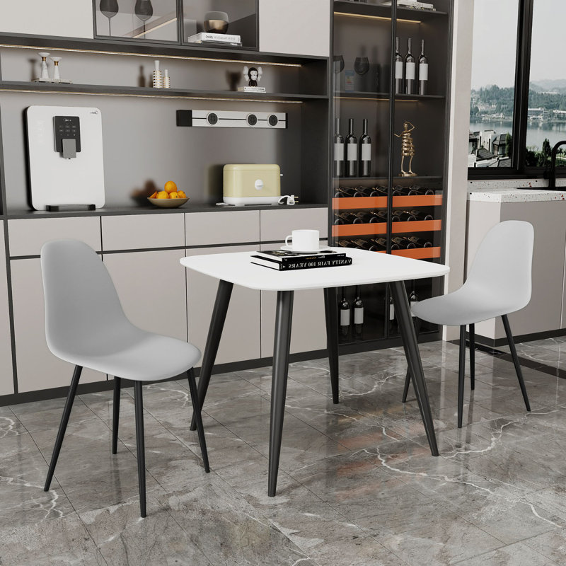Aspen 3-Piece Dining Set - Compact Square Table & 2 Curved Plastic Chairs, White, Light Grey