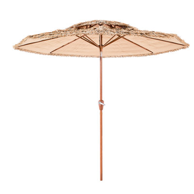 Parasol de plage 9 pi avec 2 auvent en chaume, inclinaison de 30 po, manivelle manuelle, polypropylène, 8 nervures en métal, nervures de patio pour l'ombre du soleil