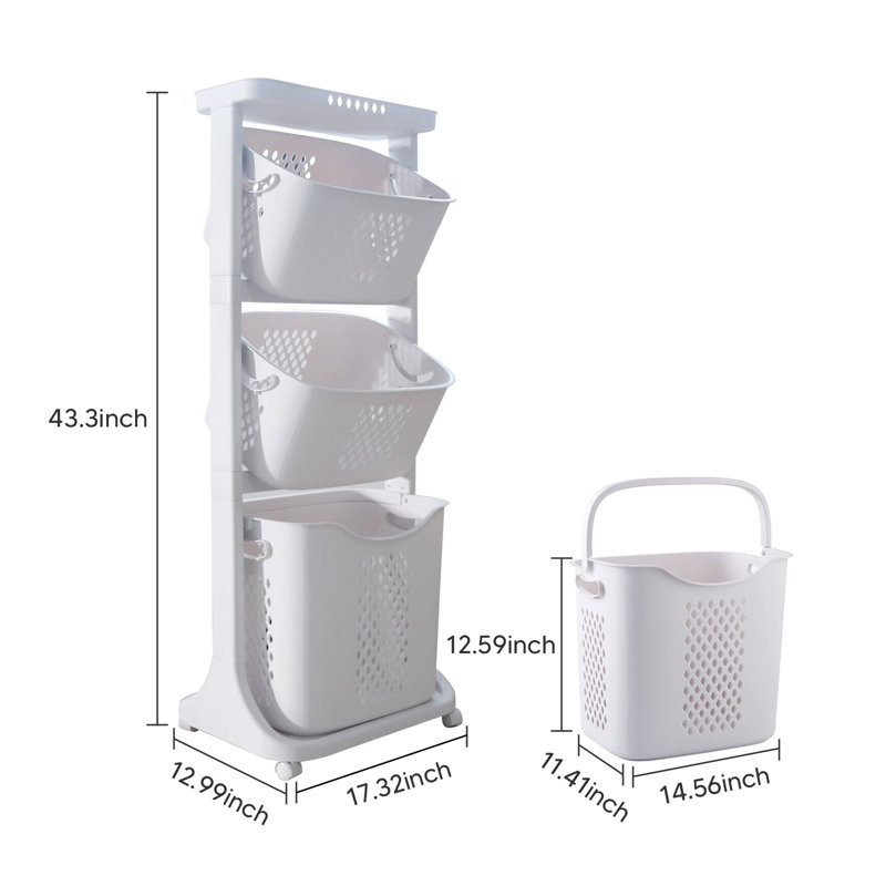 White 3-Tier Plastic Rolling Laundry Hamper with Wheels