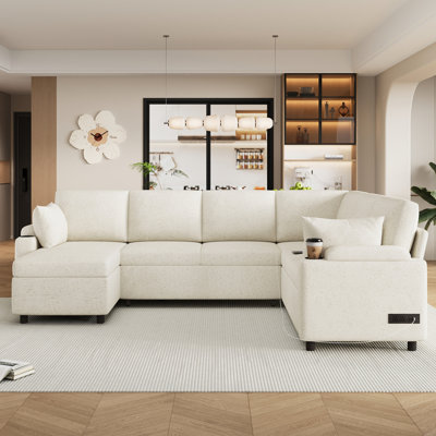 Beige avec lit convertible avec accoudoirs et lit convertible, fonction de chargement dissimulée, revêtement en chenille douce