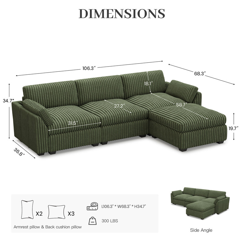 Canapé modulaire en L avec repose-pieds, Green Plush Corduroy