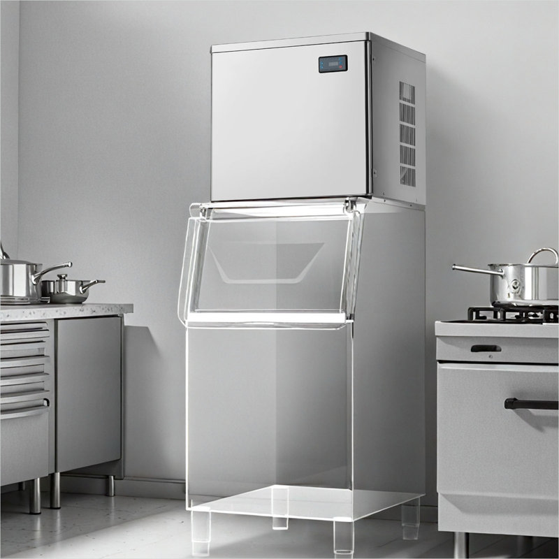 Machine à glaçons autoportante en acier inoxydable argent poli avec fabrication de glace programmée, capacité de 450 lb / jour pour les restaurants et les bars