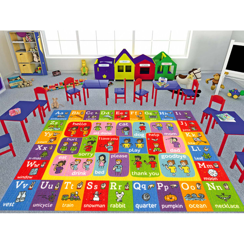 ABC Alphabet ASL Sign Language Learning Game Play Non Slip Kids Rug Carpet Classroom Playroom Mat, Rectangle 5' x 6'6"