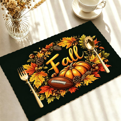 Ensemble de 4 napperons d'automne - Ensembles de table résistants à la chaleur, pour les repas à l'intérieur et à l'extérieur, motif vichy noir et blanc « Hello Pumpkins »
