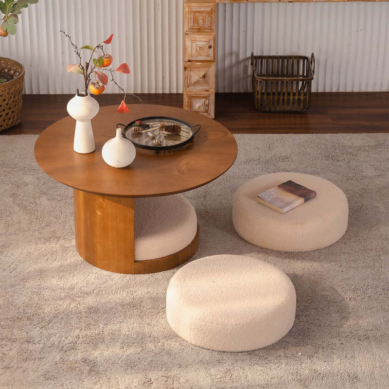 Table basse ronde en bois avec 3 tabourets gigognes