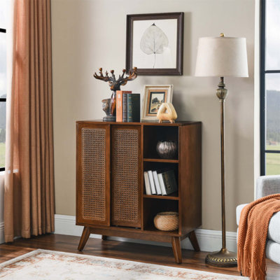 Mid Century Modern Rattan Sideboard Cabinet With Adjustable Shelf, Solid Wood Feet, And Rattan Doors For Versatile Storage And Elegant Design