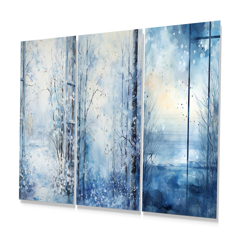 «White and Blue Winter Forest Collage II», ensemble d'art mural en métal paysage d'hiver, H 32 po x l 48 po