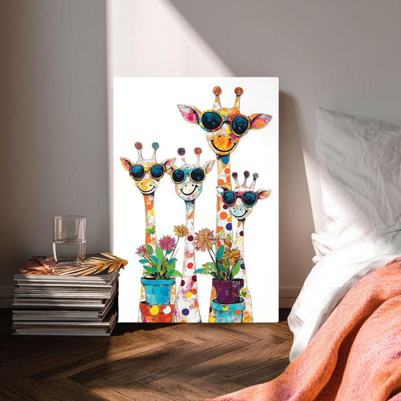 Reproduction sur toile de la famille de girafe de lunettes de soleil colorées ludiques - Urban Studio