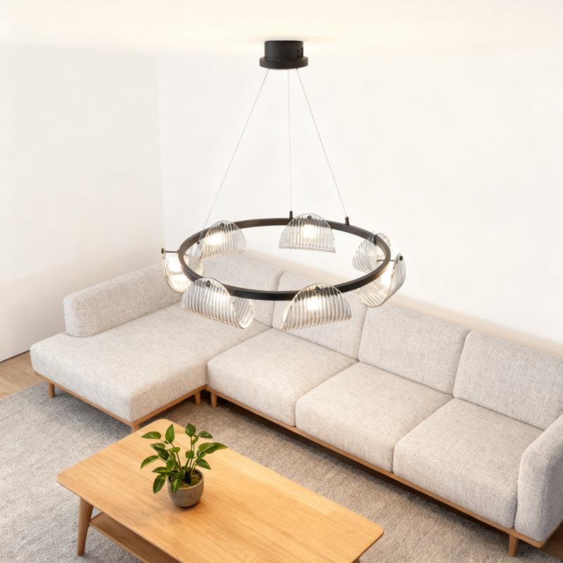 Lustre 6 lumières à abat-jour en verre à intensité variable avec éclairage DEL