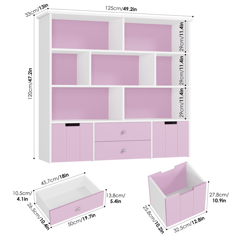 49.1" W Bookcase, 4-tier Bookshelf, Storage Organizer With Drawers, Lavender Pink/White