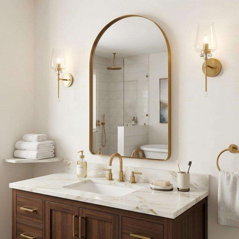 Elegant Arched Bathroom Vanity Mirror – Premium Stainless Steel Frame, Brushed Gold, 36" x 24"