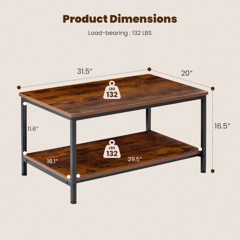31.5" Modern 2-Tier Coffee Table with Open Storage Shelf & Industrial Metal Frame (132 lbs Capacity)