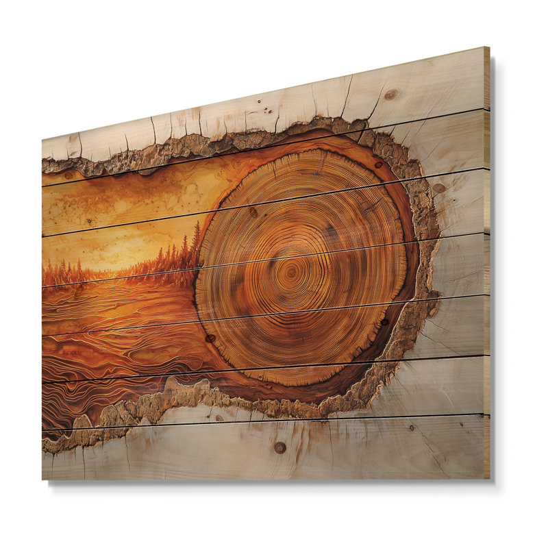 Sunrise Tree In Forest Landscape II - Forest Wood Print - On Natural Pine Wood, 10" H x 20" W x 0.78" D