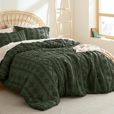 Tufted Boho Comforter Set Oversized Queen - Olive Green Boho Bedding Comforter Set, 3 Pieces Farmhouse Shabby Chic Embroidery Bed Set, Gifts For Woman, Soft Jacquard Comforter