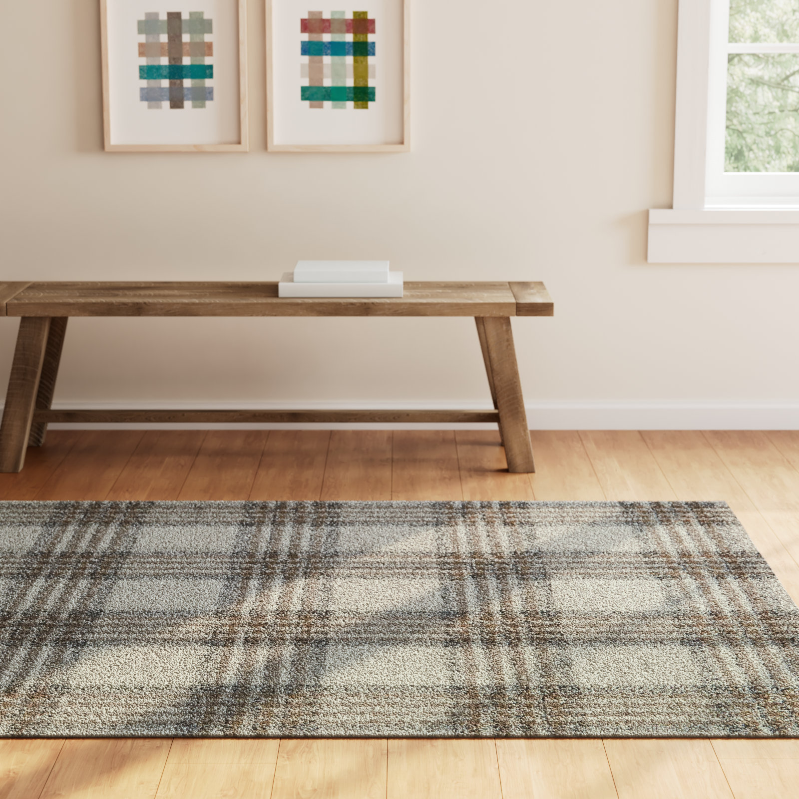 Kage Brown Gray Black Plaid Rug, Rectangle 6'7" x 9'