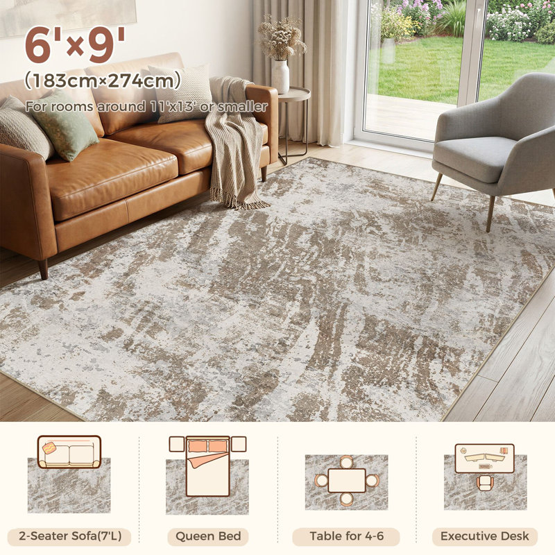 Abstract Modern Boho Area Rug Non-Shedding Low-Pile Carpet for Living Room, Bedroom, or Office, Rectangle 6' x 9'