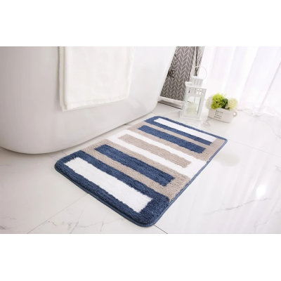 Tapis rayé en microfibre à rayures, lavable et antidérapant, bleu