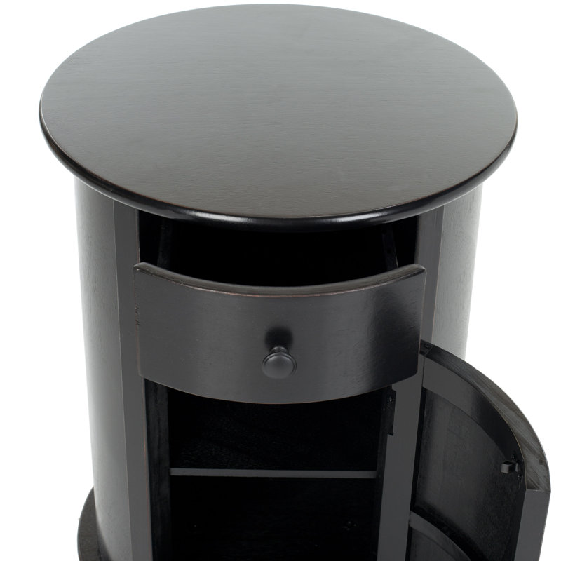 Regan Solid Wood Swivel Drum End Table with Storage, Distressed Black