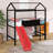 Twin Size Metal Loft Bed With Guardrails And Two-Sided Writable Chalkboard, House Bed With Slide, Roof For Kids,Teens-123140285