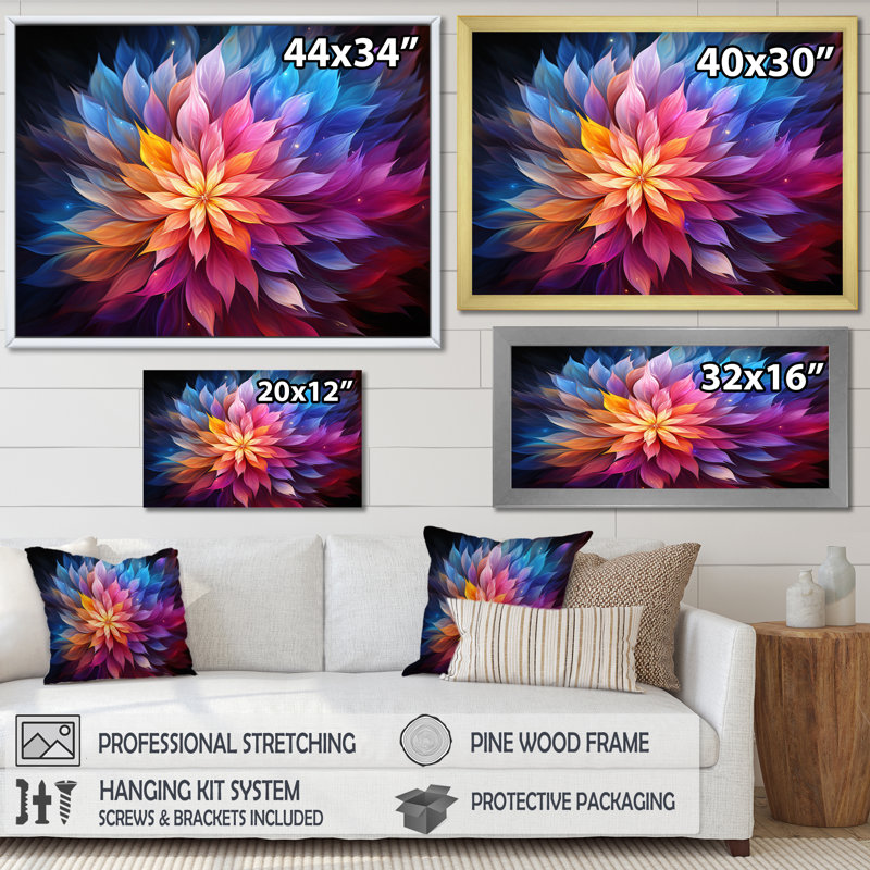 Prisme fractal abstrait bleu et jaune Magsud, H 16 po x l 32 po x P 1 po, Toile tendue