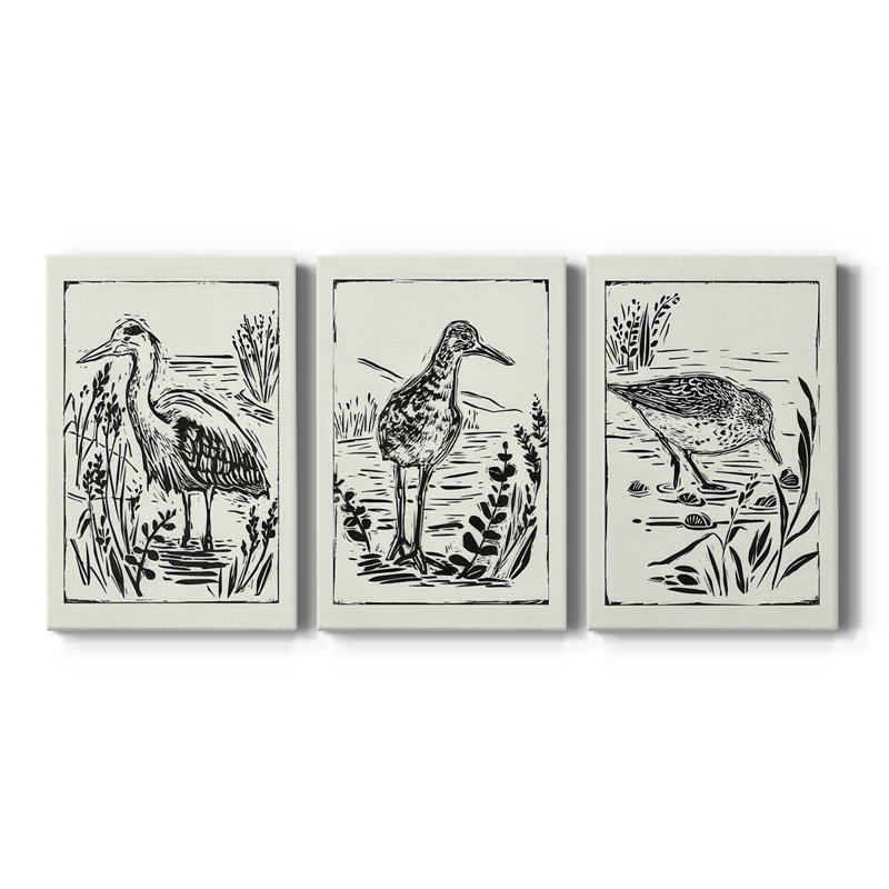 Linocut Style Seabird I - Toile tendue sur mesure avec châssis - 3 pièces, H 48 po x l 96 po